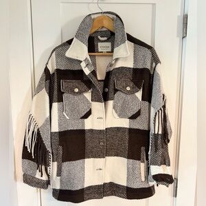 Stoosh Chocolate and Cream Plaid Jacket with Fringe
